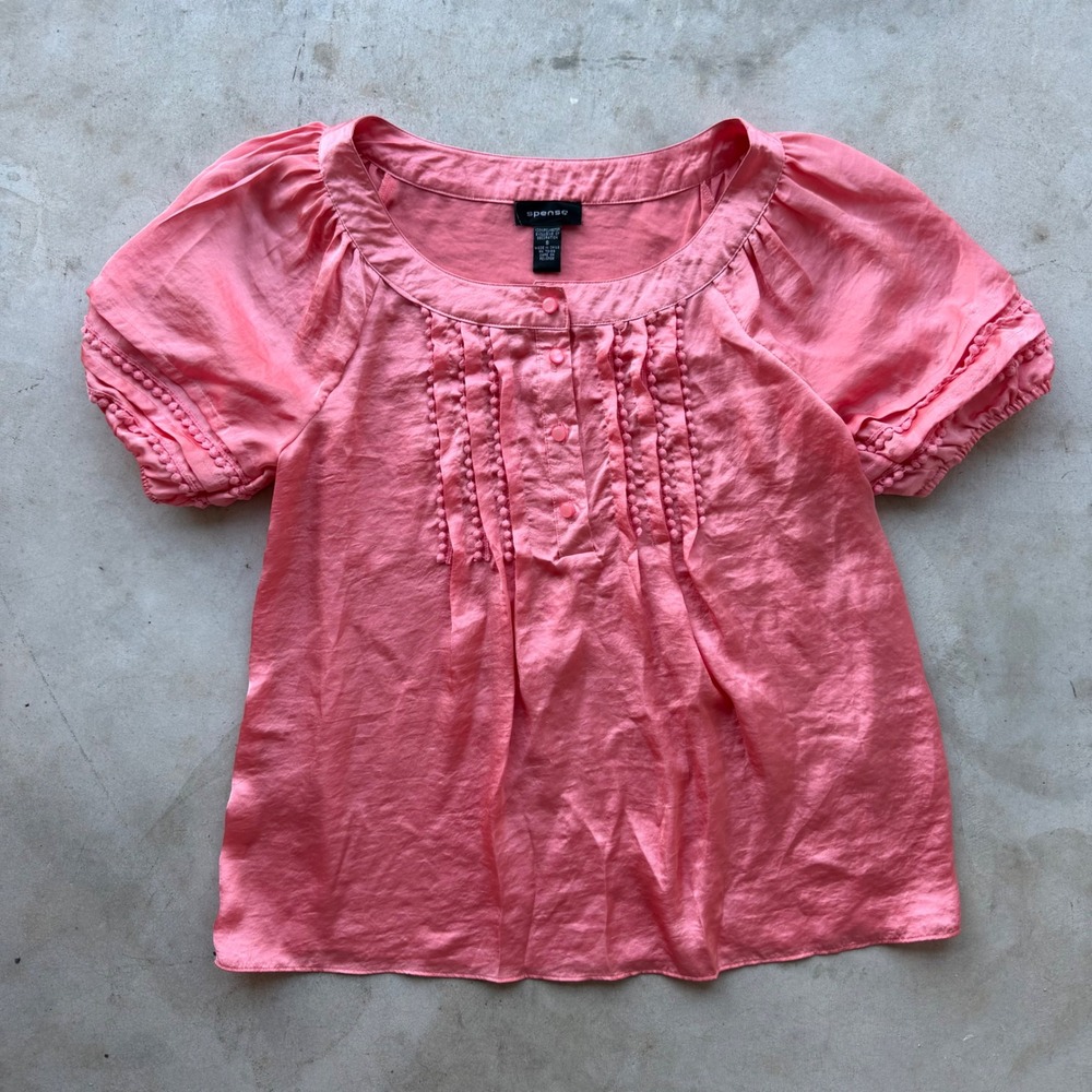 Spense Pink Y2K Party Top Satin Pom Pom Trim Pleated Short Sleeve Blouse Small